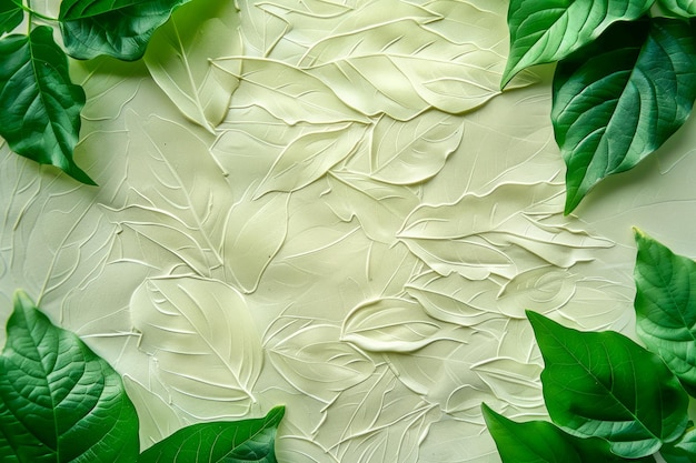 Fresh Green and White Leaves Arrangement on Soft Neutral Background for Natural Concepts