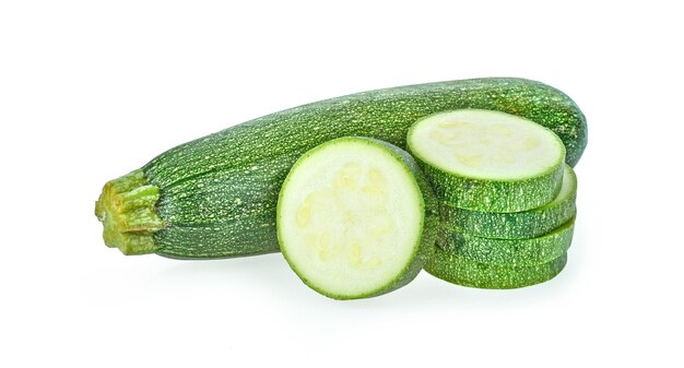 Fresh green zucchini with slice isolated on white background