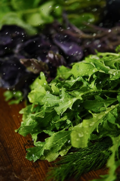 Fresh greens Fresh basil parsley arugula mint on a wooden background Salad ingredients