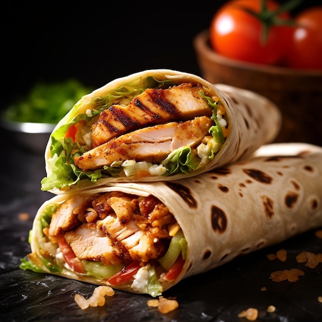 fresh grilled chicken wrap roll with flying ingradients and spices hot ready to serve and eat with