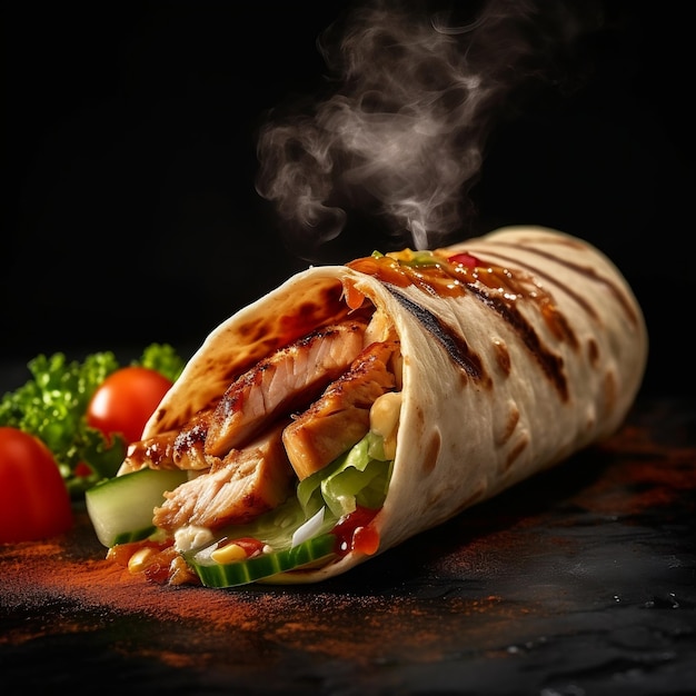 Fresh Grilled Chicken Wrap with Flying Ingredients and Spices Hot and Ready to Eat Generative AI