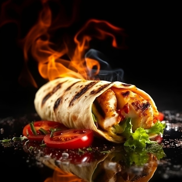 Fresh Grilled Chicken Wrap with Flying Ingredients and Spices Hot and Ready to Eat Generative AI