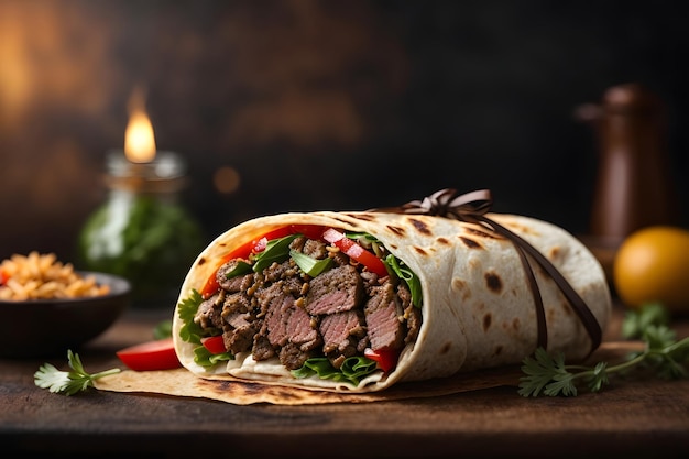 fresh grilled donner or shawarma beef wrap roll hot ready to serve and eat as wide banner with copys