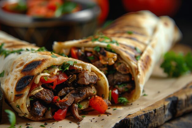 Photo fresh grilled donner or shawarma beef wrap roll hot ready to serve and eat as wide banner