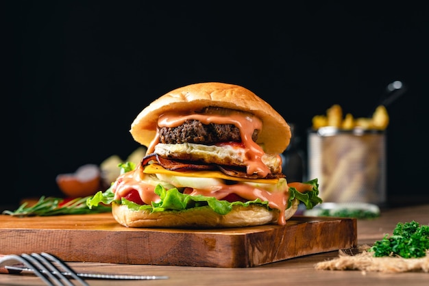 Fresh grilled homemade burgers with beef tomato fried egg cheese and lettuce on wooden background