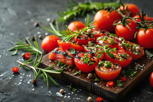 Fresh Grilled Tomatoes with Herbs on Rustic Wooden Board Perfect for Culinary Design Recipe Cards and Food Blogs