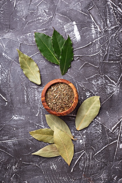 Photo fresh, ground and dried bay leaf