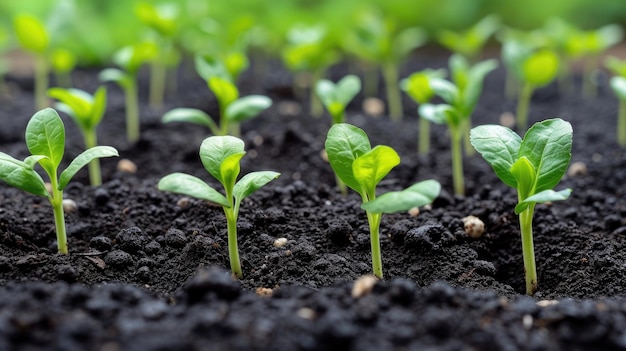 Fresh growth of a young seedling sprouts in rich dark soil