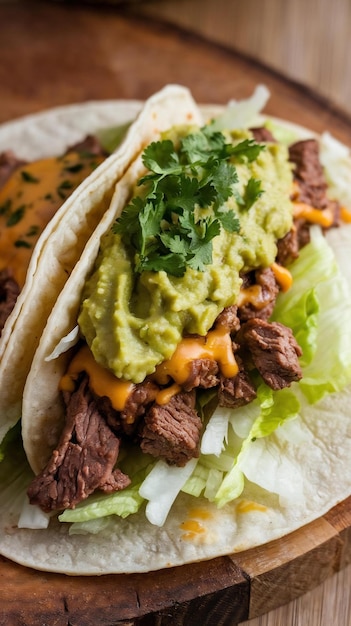 Fresh guacamole and beef taco on flatbread generated by