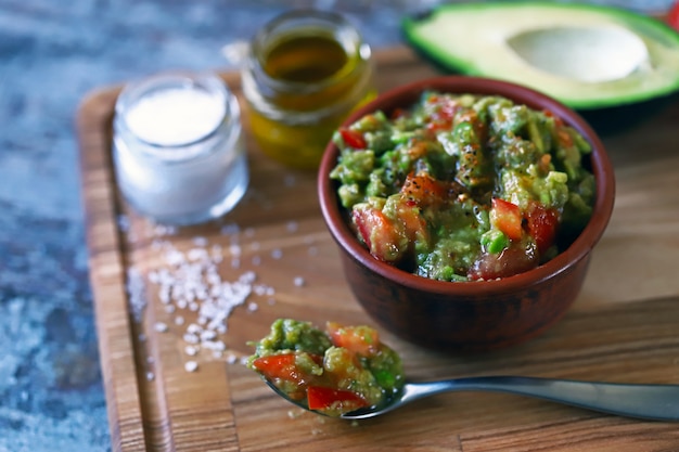 Fresh guacamole. Deep avocado guacamole. Keto diet. Keto snack.