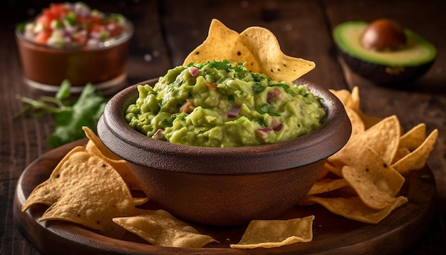 Fresh guacamole dip on crunchy tortilla chips generated by AI