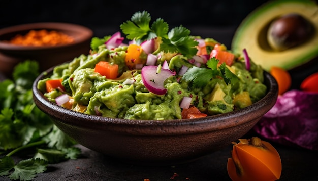 Fresh guacamole salad with cilantro tomato and avocado in bowl generated by AI