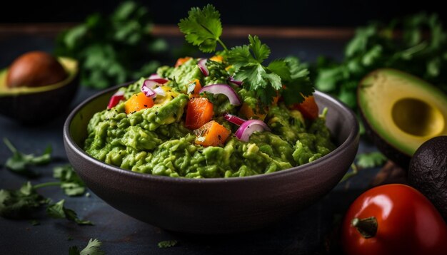 Fresh guacamole salad with organic vegetables on rustic wooden plate generated by AI