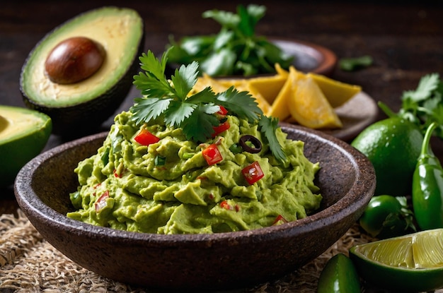 Fresh guacamole with cilantro red onions and ripe avocados