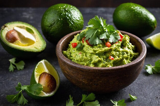 Photo fresh guacamole with ripe avocados cilantro and zesty lime