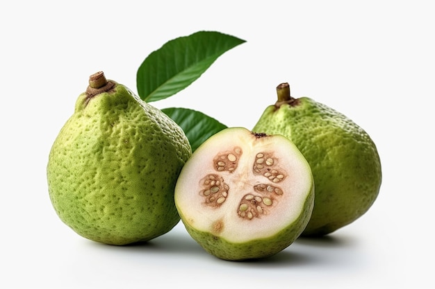 Fresh guava fruit with leaves isolated on white background clipping path included