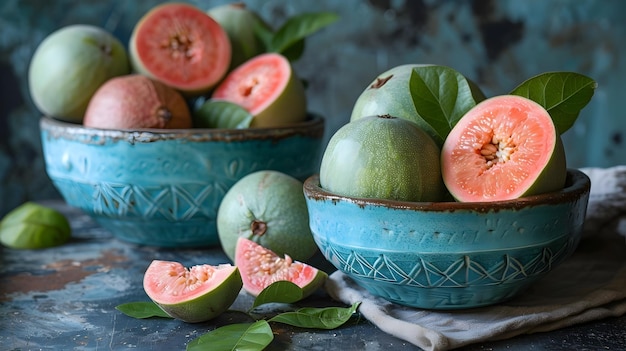 Fresh Guavas in Handmade Ceramic Bowls Tropical Fruit Display