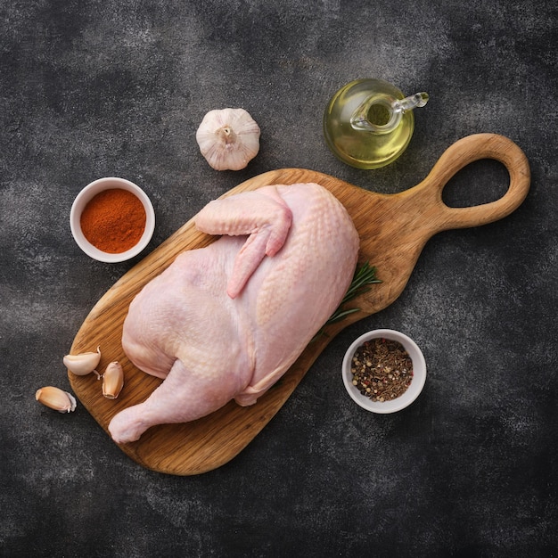 Fresh half of raw chicken with spices and seasonings on a wooden board