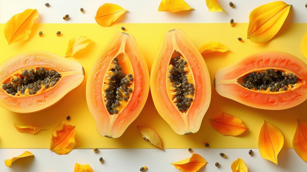 Fresh Halved Papayas with Seeds and Yellow Petals on a Bright Yellow Background