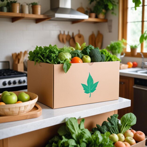 Photo fresh harvest a box of fruits and vegetables on a kitchen counter