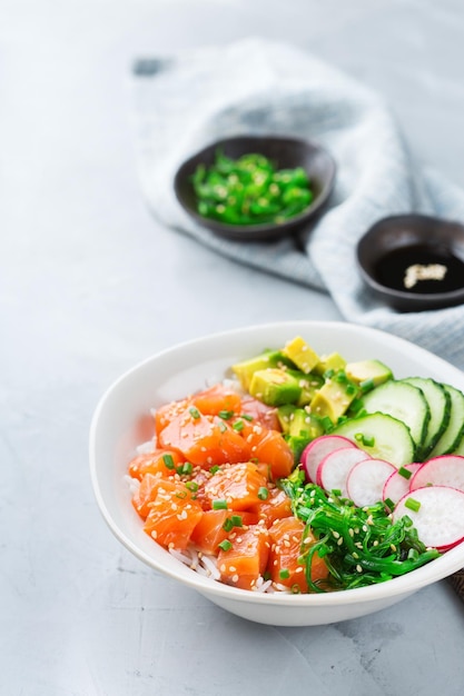 Fresh hawaiian salmon poke bowl for healthy lunch