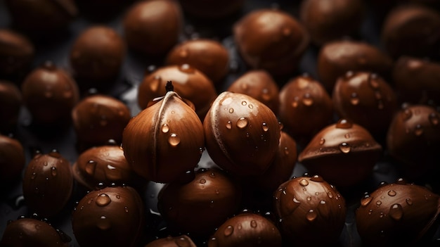 Fresh hazelnut with water splashes and drops on black background