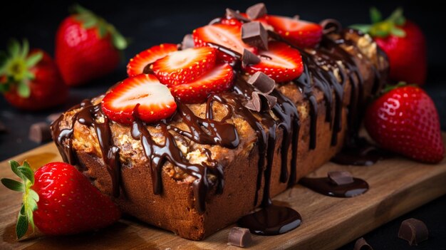 Photo fresh healthy banana bread snack with sweet strawberry