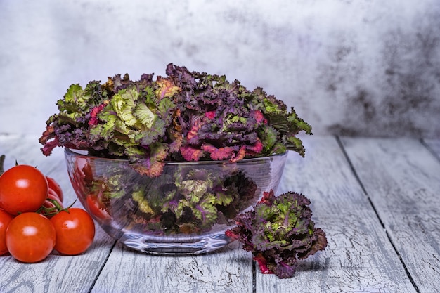 Fresh, healthy, colourfull Kalettes flower sprout on a wooden background.