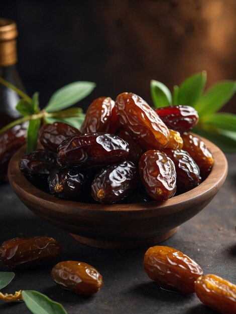 Photo fresh and healthy dates in the wooden bawl presentation