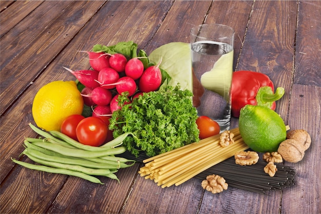 Fresh and healthy food on wooden table