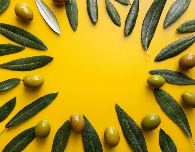 Photo fresh and healthy olive leaves and green olives on vibrant yellow background