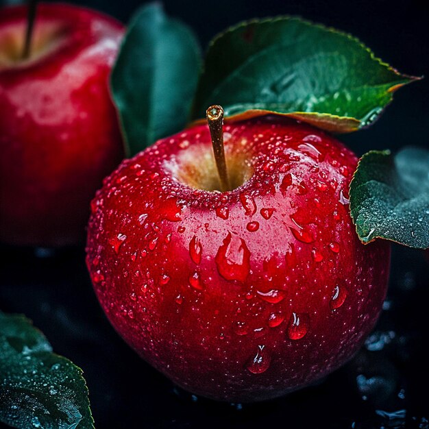 Fresh Healthy Red Apple fruit with Leaves on a Natural Background