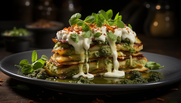 A fresh healthy salad with grilled meat on a plate generated by artificial intelligence