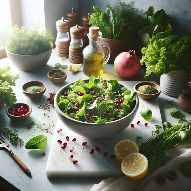 Fresh Herb Salad with Pomegranate on Marble Counter