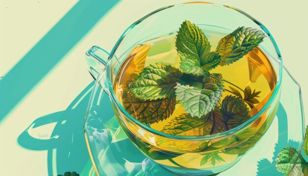 Photo fresh herbal tea infused with mint leaves in a clear glass cup on a sunny day