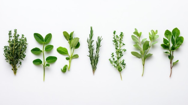 Fresh Herbs Arranged in a Row on White Background