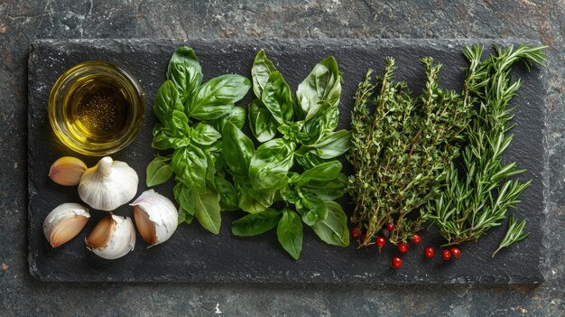 Photo fresh herbs and garlic on slate cutting board