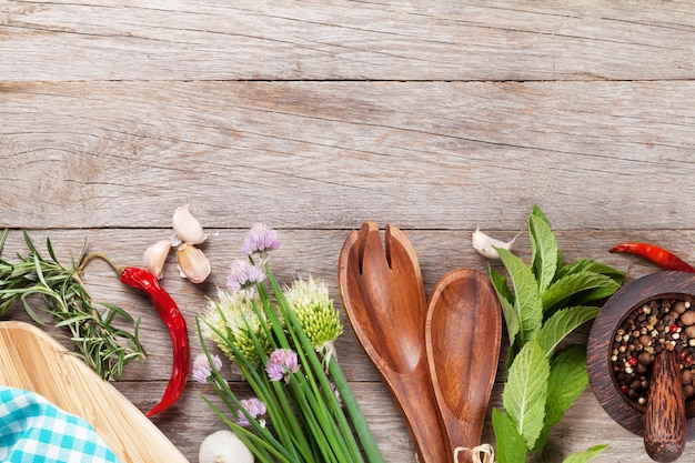 Fresh herbs and spices on garden table