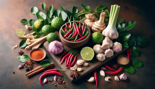 Photo fresh herbs spices and ingredients for thai cooking on rustic table