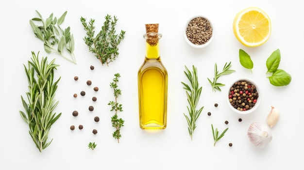 Photo fresh herbs spices and olive oil arranged on white background showcasing ingredients for mediterranean cuisine and healthy cooking