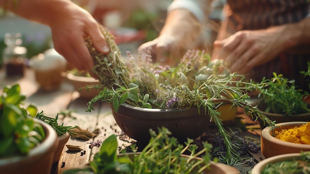 Photo fresh herbs and spices on a wooden table the hands of a chef are harvesting rosemary from a bunch