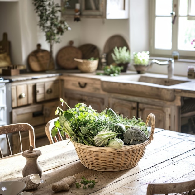 Photo fresh herbs and vegetables in a basket on a rustic wooden table in a farmhouse kitchen