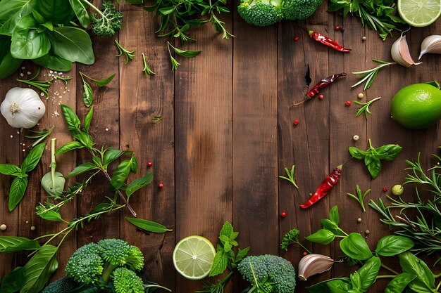 Photo fresh herbs and vegetables on wooden background