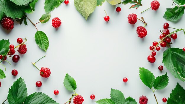 Photo fresh highkey mockup with a frame of bright red berries and green leaves