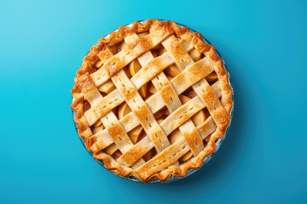 Fresh homemade apple pie on blue background Top view