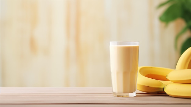 Fresh homemade banana smoothie glass on wood table