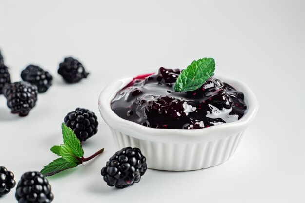 Photo fresh homemade blackberry jam served in a white bowl with mint leaves accompanied by ripe blackberries on a light background