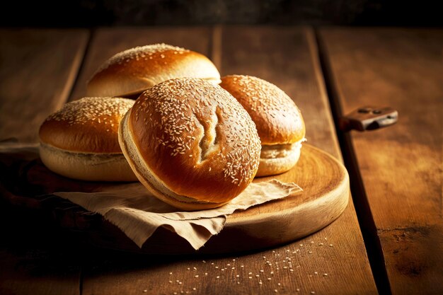 Fresh homemade bread rolls with light brown crust on wooden board