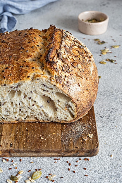 Fresh homemade bread (slice) from whole grain sourdough flour