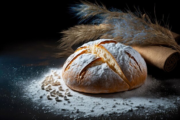 Fresh homemade bread with flour and grains isolated on dark background